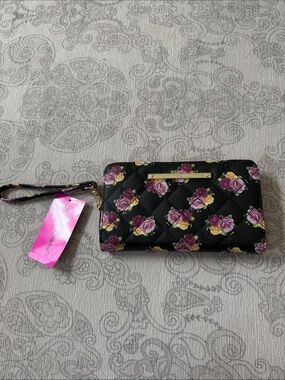 Betsey Johnson Black Quilted Wristlet with Pink and Yellow Floral Print NWT